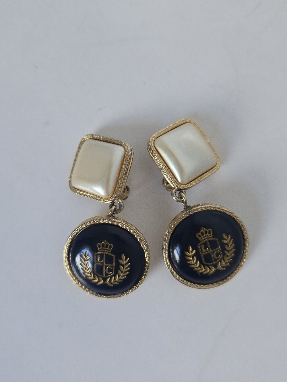 Liz Claiborne Gold-Tone Navy Crest & Pearl Drop Clip On Earrings